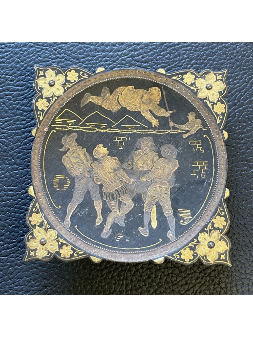Vintage Rare Scene Damascene Small Footed Trinket Dish Black & Gold-tone